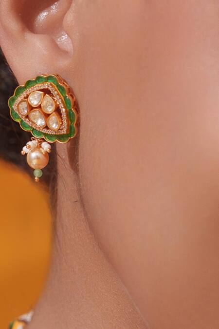 Zevar By Geeta_White Stones, Pearls Beaded String Choker With Earrings _Online_at_Aza_Fashions