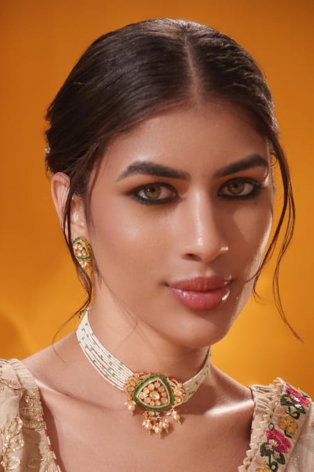 Zevar By Geeta White Stones, Pearls Beaded String Choker With Earrings 