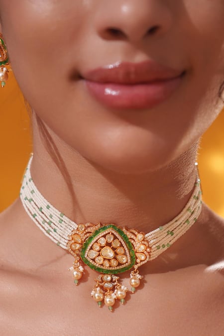 Shop_Zevar By Geeta_White Stones, Pearls Beaded String Choker With Earrings _Online_at_Aza_Fashions