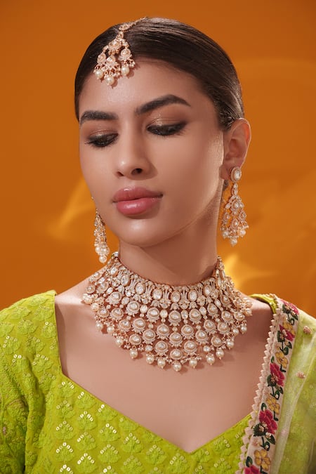 Buy_Zevar By Geeta_Gold Plated Stones, Pearls Kundan And Polki Embellished Bridal Necklace Set _Online_at_Aza_Fashions