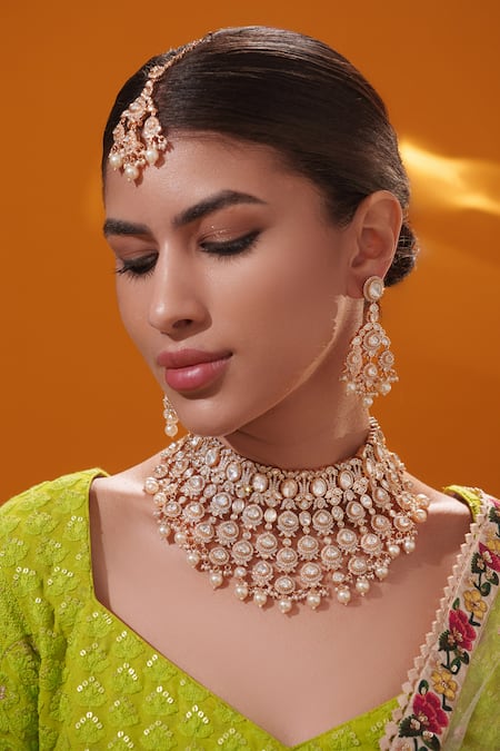 Zevar By Geeta_Gold Plated Stones, Pearls Kundan And Polki Embellished Bridal Necklace Set _at_Aza_Fashions