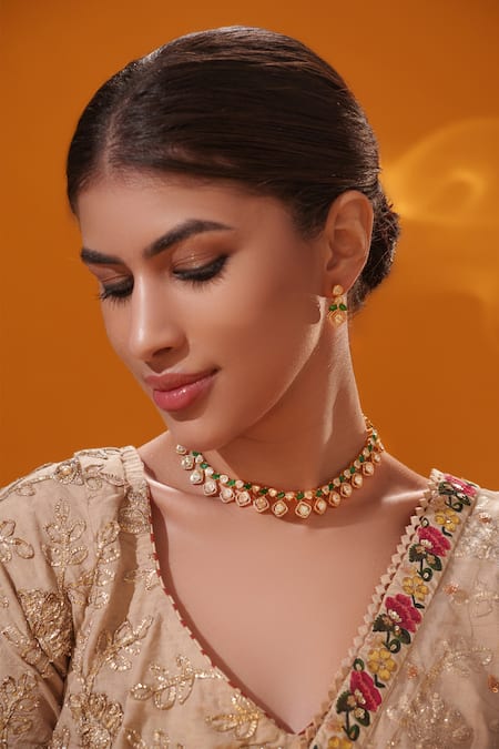 Buy Zevar By Geeta Gold Plated Gemstones, Crystals Green Stone Embellished Necklace Set Online at Aza Fashions Buy_Zevar By Geeta_Gold Plated Gemstones, Crystals Green Stone Embellished Necklace Set _Online_at_Aza_Fashions