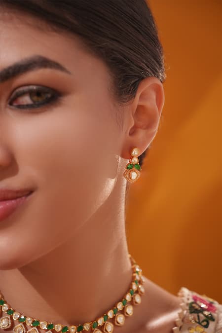 Shop Zevar By Geeta Gold Plated Gemstones, Crystals Green Stone Embellished Necklace Set Online at Aza Fashions Shop_Zevar By Geeta_Gold Plated Gemstones, Crystals Green Stone Embellished Necklace Set _Online_at_Aza_Fashions