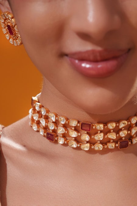 Shop Zevar By Geeta Gold Plated Stones Studded Choker Set Online at Aza Fashions Shop_Zevar By Geeta_Gold Plated Stones Studded Choker Set _Online_at_Aza_Fashions
