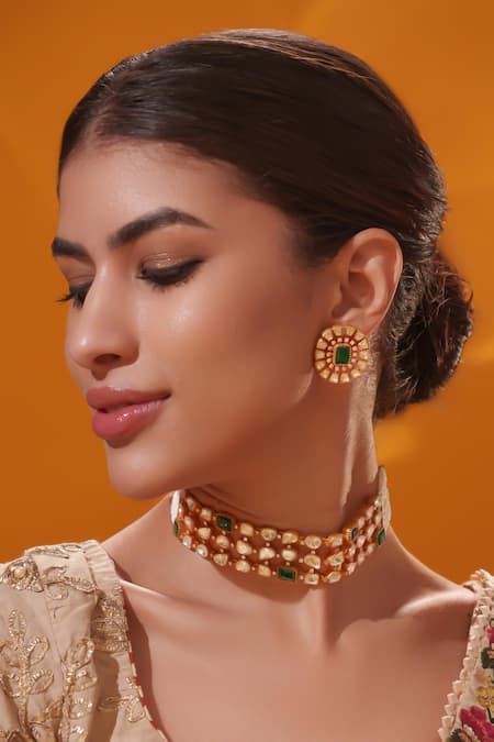 Buy_Zevar By Geeta_Gold Plated Stones Studded Choker With Earrings _Online_at_Aza_Fashions