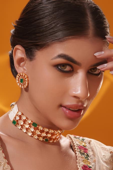 Shop_Zevar By Geeta_Gold Plated Stones Studded Choker With Earrings _Online_at_Aza_Fashions