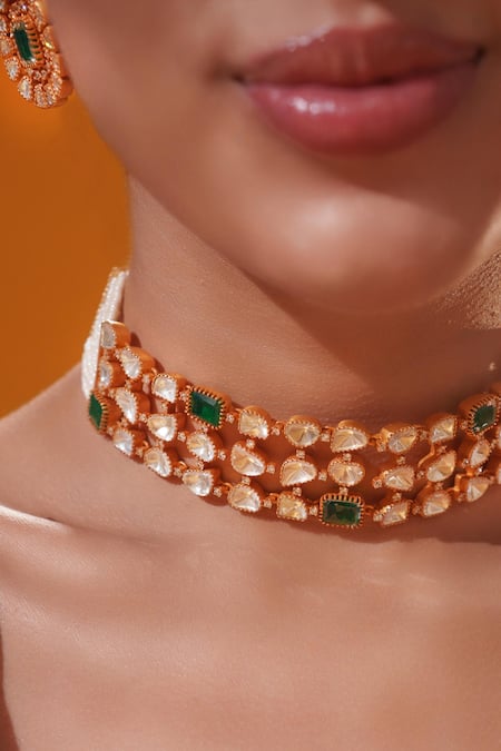 Zevar By Geeta_Gold Plated Stones Studded Choker With Earrings _at_Aza_Fashions