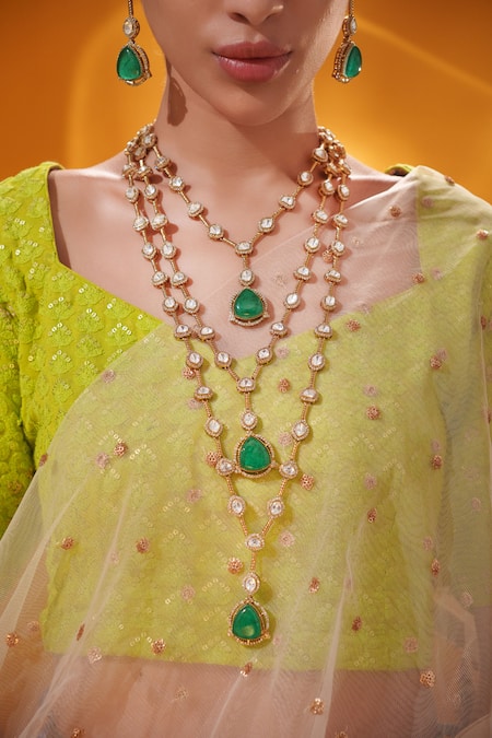 Buy_Zevar By Geeta_Gold Plated Stones Long Layered Necklace Set _Online_at_Aza_Fashions