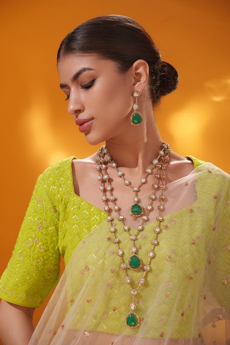 Shop_Zevar By Geeta_Gold Plated Stones Long Layered Necklace Set _Online_at_Aza_Fashions