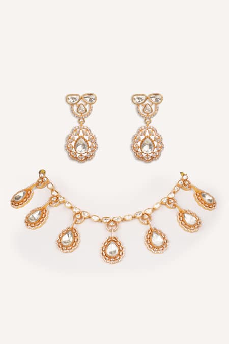 Zevar By Geeta Gold Plated Stones Teardrop Necklace With Earrings 