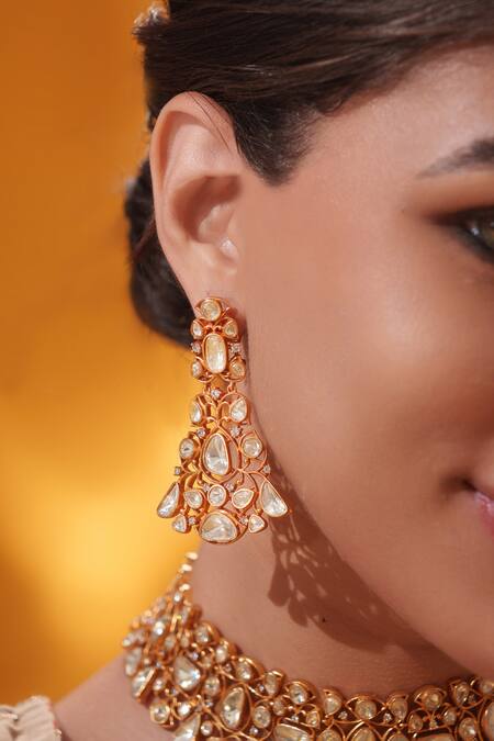 Zevar By Geeta_Gold Plated Stones Studded Necklace With Earrings _Online_at_Aza_Fashions