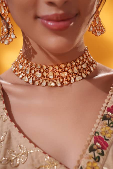 Buy_Zevar By Geeta_Gold Plated Stones Studded Necklace With Earrings _Online_at_Aza_Fashions