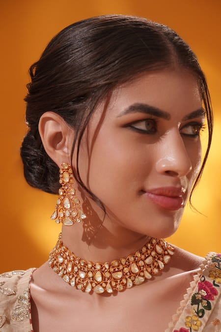 Shop_Zevar By Geeta_Gold Plated Stones Studded Necklace With Earrings _Online_at_Aza_Fashions