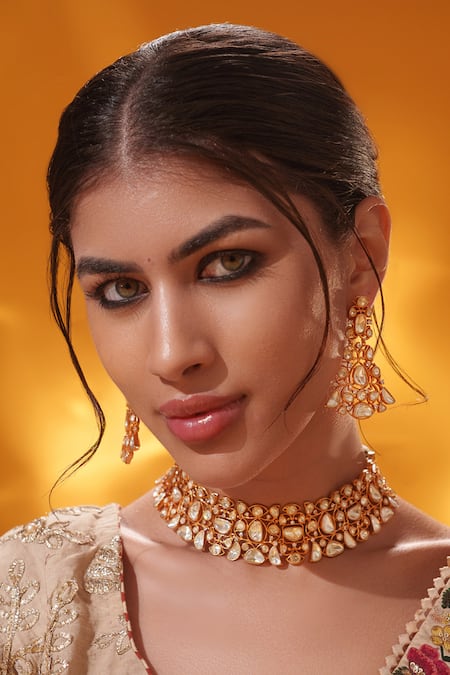 Zevar By Geeta_Gold Plated Stones Studded Necklace With Earrings _at_Aza_Fashions