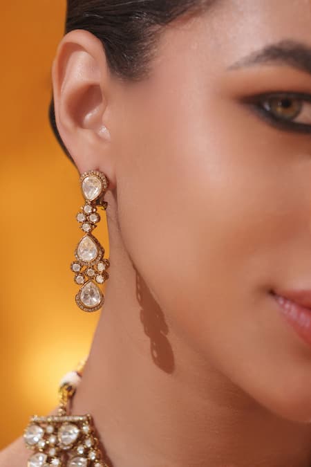 Zevar By Geeta Gold Plated Stones, Pearls Long Necklace With Embellished Earrings Online at Aza Fashions Zevar By Geeta_Gold Plated Stones, Pearls Long Necklace With Embellished Earrings _Online_at_Aza_Fashions