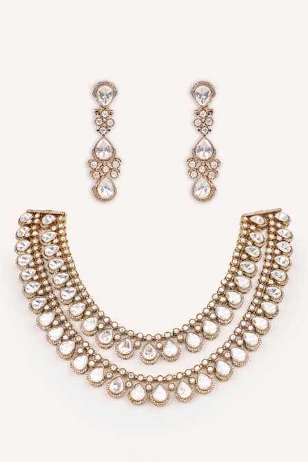 Shop Zevar By Geeta Gold Plated Stones, Pearls Long Necklace With Embellished Earrings at Aza Fashions Shop_Zevar By Geeta_Gold Plated Stones, Pearls Long Necklace With Embellished Earrings _at_Aza_Fashions
