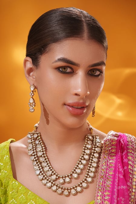 Shop Zevar By Geeta Gold Plated Stones, Pearls Long Necklace With Embellished Earrings Online at Aza Fashions Shop_Zevar By Geeta_Gold Plated Stones, Pearls Long Necklace With Embellished Earrings _Online_at_Aza_Fashions