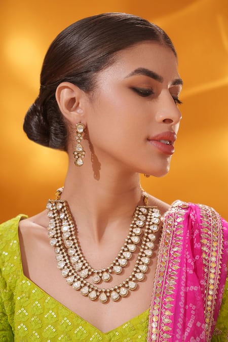 Zevar By Geeta Gold Plated Stones, Pearls Long Necklace With Embellished Earrings at Aza Fashions Zevar By Geeta_Gold Plated Stones, Pearls Long Necklace With Embellished Earrings _at_Aza_Fashions