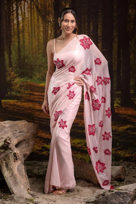 Harshita Jain Pink Georgette Sequins, Embroidery Saree With Unstitched Blouse 