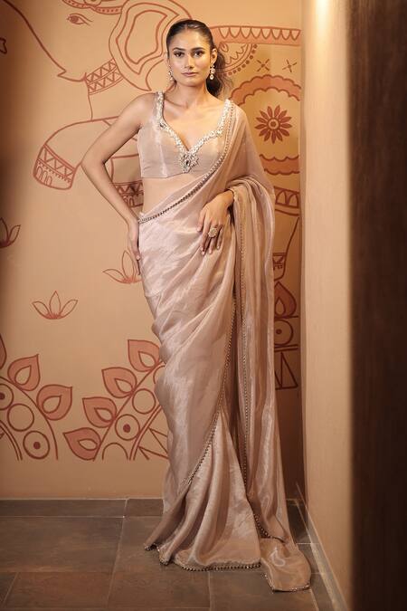 Vana Ethnics_Beige Tissue Stones, Zari, The Motikundan Border Embroidered Saree With Blouse _at_Aza_Fashions