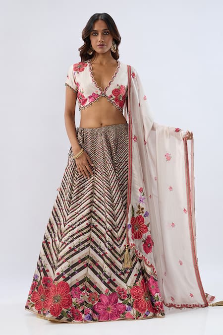 Label Niti Bothra Ivory , Chanderi, Organza Beads, Sequins, Stripe Pattern Lehenga Set 