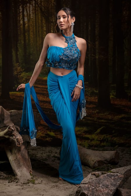 Harshita Jain Blue Lycra, Net Embroidery, Beads, Tassels Halter Neck Bustier Skirt Set 