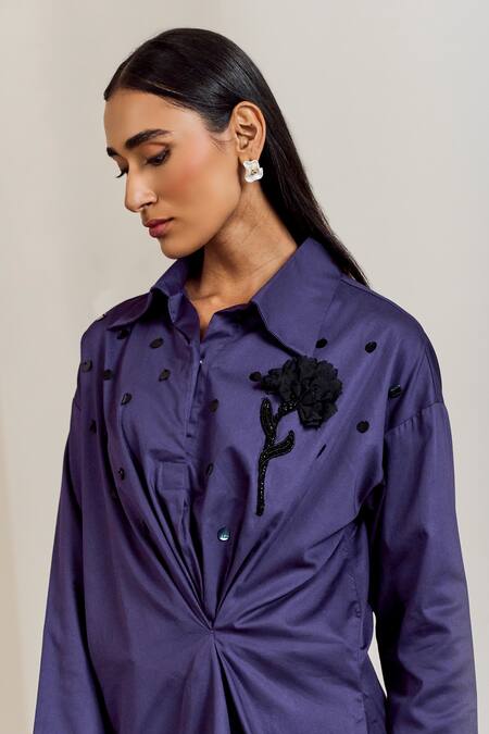 Shop_Notsosure_Purple Cotton Embroidery, Sequins Collared Flower Shirt _Online_at_Aza_Fashions