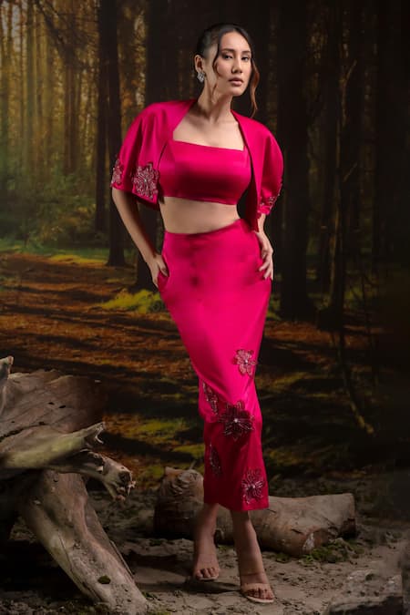 Harshita Jain Fuchsia Gabardine Embroidery, Stones Open Neck, Square Border Cape Skirt Set 