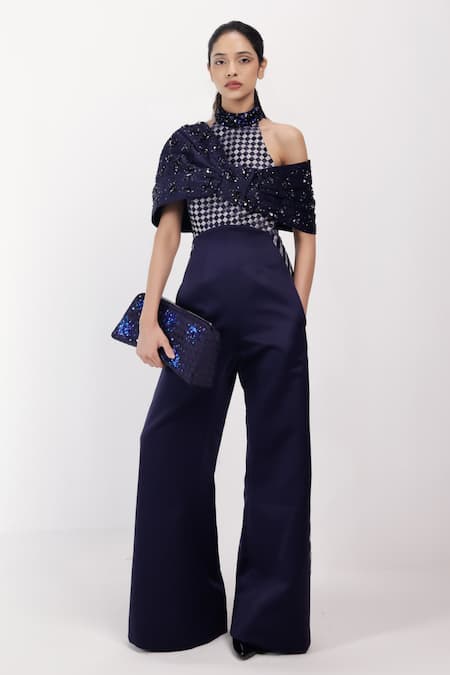 Shop_Siddhant Agrawal_Navy Beads, Embroidery, Sequins Lunar Moss Clutch 