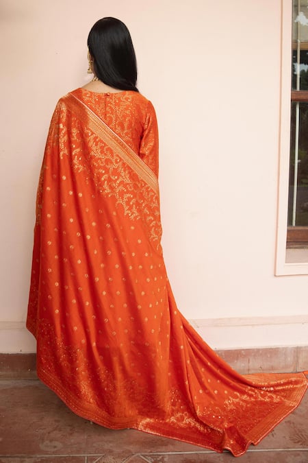 Safaa_Orange Vegan Silk Zari Round Neck Nazar-e-gulzar Anarkali Set _Online_at_Aza_Fashions