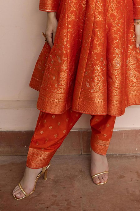 Buy_Safaa_Orange Vegan Silk Zari Round Neck Nazar-e-gulzar Anarkali Set _Online_at_Aza_Fashions