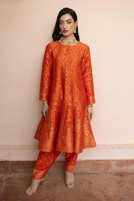 Shop_Safaa_Orange Vegan Silk Zari Round Neck Nazar-e-gulzar Anarkali Set _Online_at_Aza_Fashions