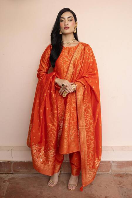 Safaa_Orange Vegan Silk Zari Round Neck Nazar-e-gulzar Anarkali Set _at_Aza_Fashions
