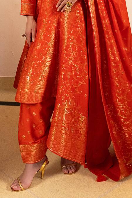 Buy_Safaa_Orange Vegan Silk Zari Round Neck Nazar-e-gulzar Anarkali Set 