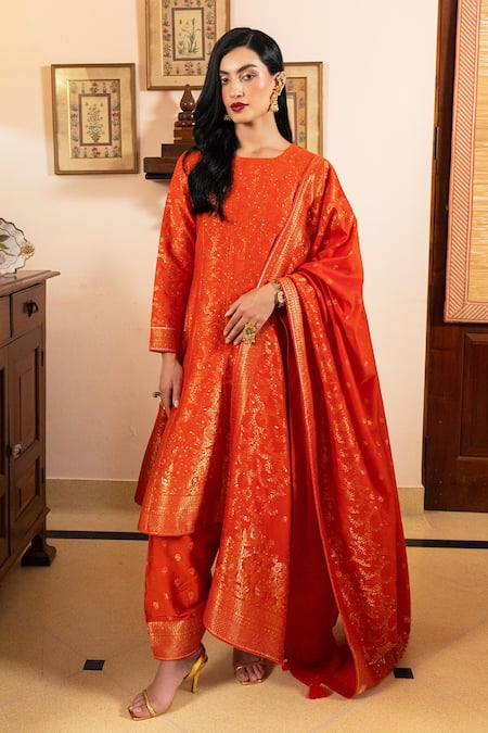Safaa Orange Vegan Silk Zari Round Neck Nazar-e-gulzar Anarkali Set 