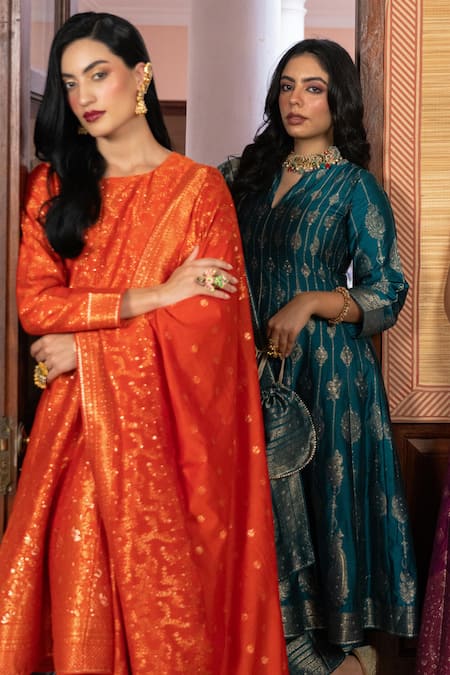 Shop_Safaa_Orange Vegan Silk Zari Round Neck Nazar-e-gulzar Anarkali Set 