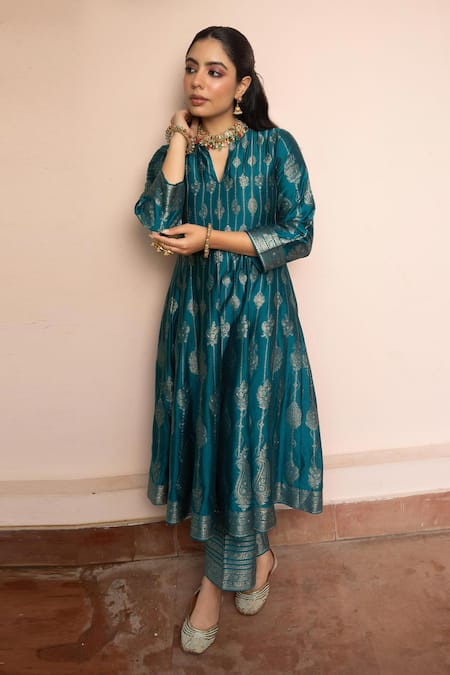 Buy_Safaa_Teal Vegan Silk Zari, Gota Patti, Embroidery V-neck Surmai Shaam Anarkali Set _Online_at_Aza_Fashions
