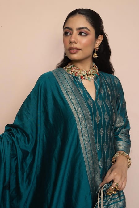 Safaa_Teal Vegan Silk Zari, Gota Patti, Embroidery V-neck Surmai Shaam Anarkali Set _at_Aza_Fashions