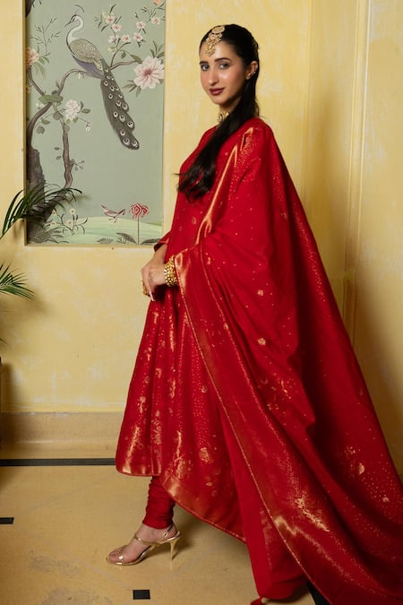 Shop_Safaa_Red Vegan Silk Zari, Gota Patti Round Neck Phoolon Ki Khilkhil Anarkali Set _Online_at_Aza_Fashions