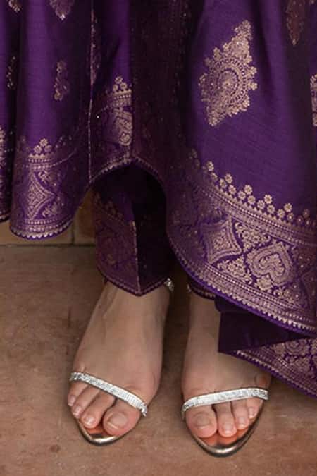 Safaa_Purple Vegan Silk Zari, Embroidery Scoop Neck Mein Anarkali Pant Set _Online_at_Aza_Fashions