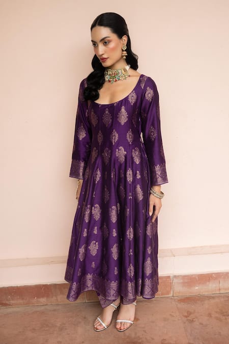 Buy_Safaa_Purple Vegan Silk Zari, Embroidery Scoop Neck Mein Anarkali Pant Set _Online_at_Aza_Fashions
