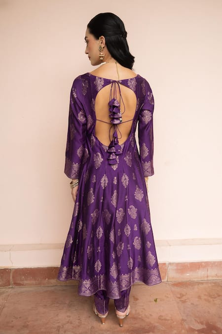 Shop_Safaa_Purple Vegan Silk Zari, Embroidery Scoop Neck Mein Anarkali Pant Set _at_Aza_Fashions