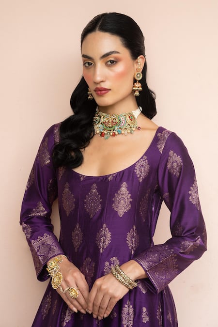 Shop_Safaa_Purple Vegan Silk Zari, Embroidery Scoop Neck Mein Anarkali Pant Set _Online_at_Aza_Fashions
