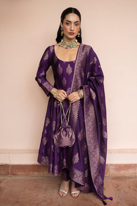 Safaa Purple Vegan Silk Zari, Embroidery Scoop Neck Mein Anarkali Pant Set 