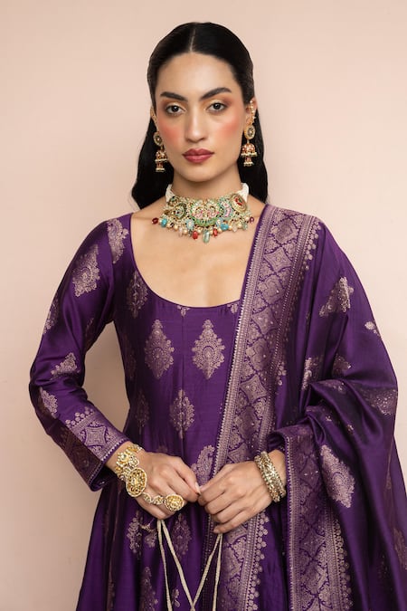 Safaa_Purple Vegan Silk Zari, Embroidery Scoop Neck Mein Anarkali Pant Set _at_Aza_Fashions