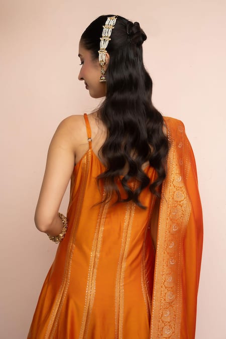 Shop_Safaa_Mustard Vegan Silk Zari, Embroidery Scoop Neck Rangrez Baithak Anarkali Set _at_Aza_Fashions