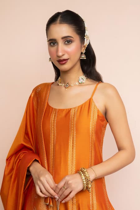 Safaa_Mustard Vegan Silk Zari, Embroidery Scoop Neck Rangrez Baithak Anarkali Set _Online_at_Aza_Fashions