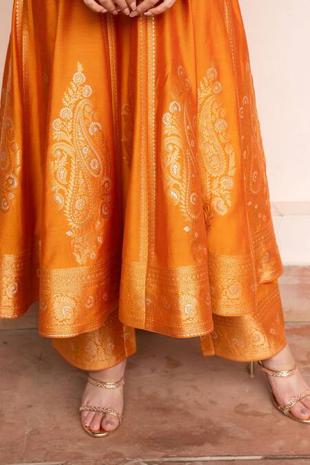 Safaa_Mustard Vegan Silk Zari, Embroidery Scoop Neck Rangrez Baithak Anarkali Set _at_Aza_Fashions