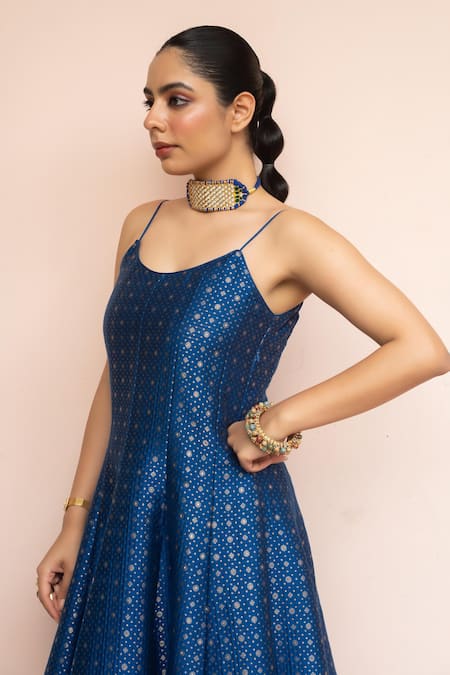 Safaa_Blue Vegan Silk Zari, Gota Patti Scoop Neck Saaz E Sitam Anarkali Set _Online_at_Aza_Fashions