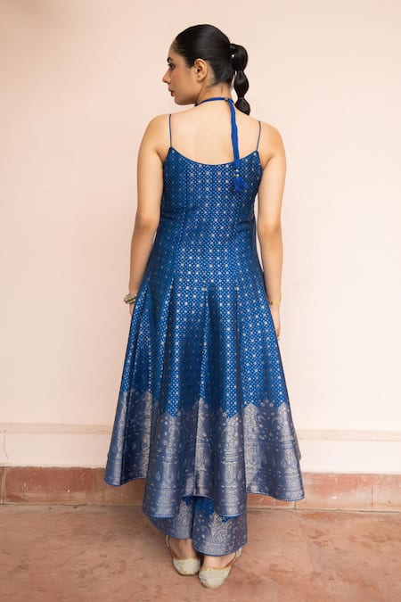 Shop_Safaa_Blue Vegan Silk Zari, Gota Patti Scoop Neck Saaz E Sitam Anarkali Set _at_Aza_Fashions